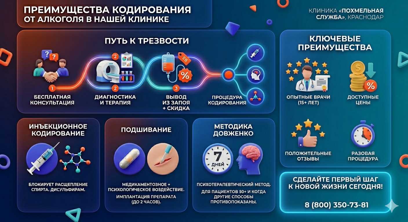 Инфографика о методах кодирования от алкоголя в Корсакове: инъекции, подшивание, метод Довженко. Преимущества клиники и этапы лечения.